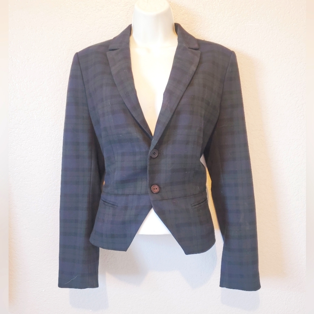 Zara Black & Dark Green Plaid Tailored Blazer